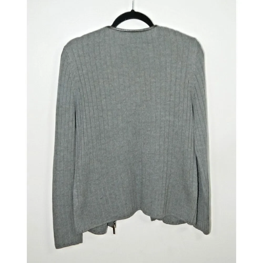 Tory Burch Sweater Cardigan Size Large Gray Wool‎ Leather Trim Round Neck Zip Up